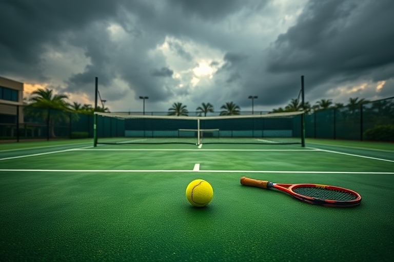 "Vibrant green tennis court under a moody Miami sky with dark grey clouds and a hint of sunlight peeking through, rain-soaked clay surface, an abandoned tennis ball in the center, net and rackets in t