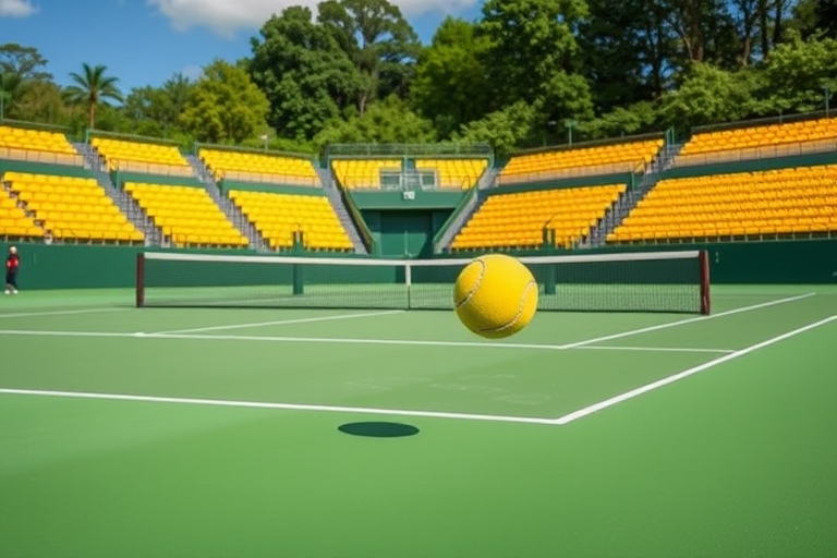 "A newly renovated tennis court with a vibrant green surface, surrounded by modern yellow bleachers and a backdrop of lush greenery, with a dynamic tennis ball flying through the air, caught mid-bounc