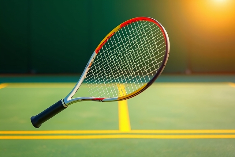 "Slinky, high-tech tennis racket in mid-air, backswing, vibrant green tennis court background, bold yellow line marking the service line, dynamic blur effect, bright sunlight casting a warm glow."