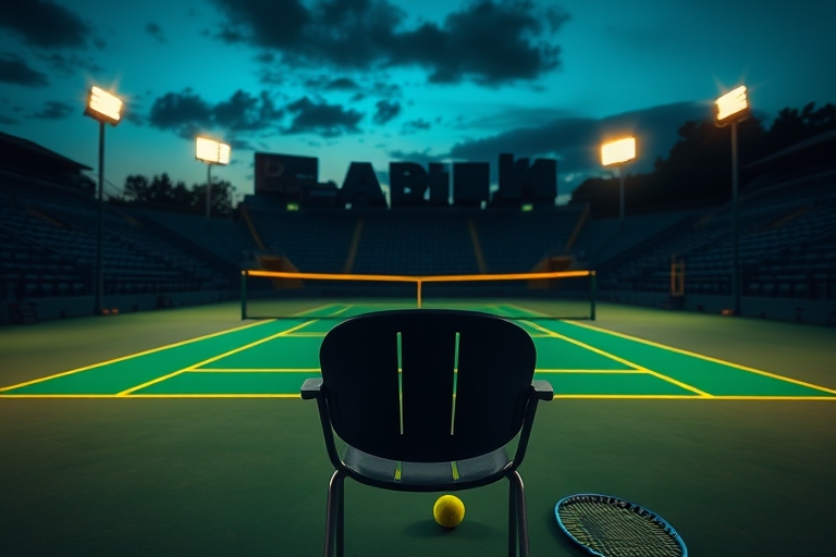 "Tennis court in twilight, vibrant green net and yellow lines illuminated by stadium lights, empty player's chair in foreground, surrounding stands filled with shadows, one tennis racket and ball lyin