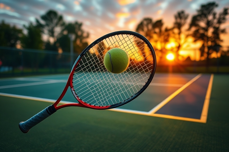 "A vibrant tennis court at sunset, with a tennis ball in mid-air, frozen in a perfect arc above a racket held by a blurred athlete in motion, surrounded by lush green grass and bright yellow lines, ag