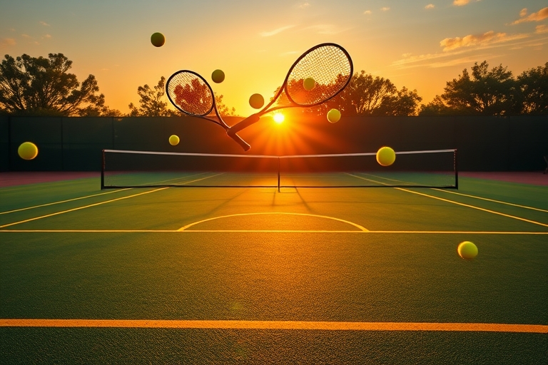 "A tennis court at sunset, vibrant green grass and yellow lines, tennis balls flying through the air, a burst of light illuminating the rackets and balls in mid-air, dynamic motion and energy."
