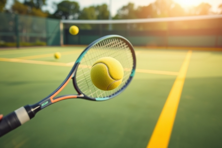 "A tennis court in motion, vibrant green grass and yellow lines blurred in the background, a tennis ball flying through the air, caught mid-bounce, with a tennis racket and net in sharp focus, sun shi