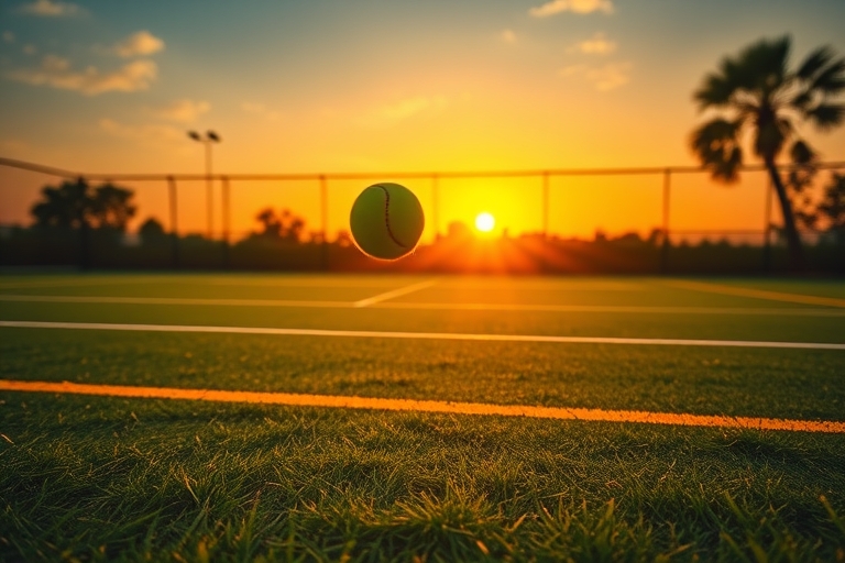 "A tennis court at sunset, vibrant green grass and yellow lines, a tennis ball flying through the air, a blurred figure of a tennis player in motion, with a burst of speed lines and a dramatic tennis 