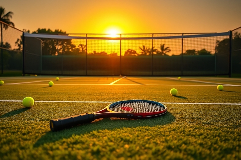 "Tennis court at sunset, vibrant green grass and yellow balls scattered about, isolated net, intense spotlight on a racket lying on the ground, shadows stretching across the court."