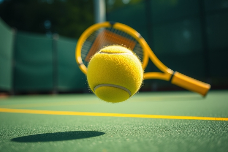 "High-speed tennis ball in mid-air, captured in a split second, on a vibrant green tennis court with bright yellow lines and a blurred yellow tennis racket in the background, emphasized by dynamic lig