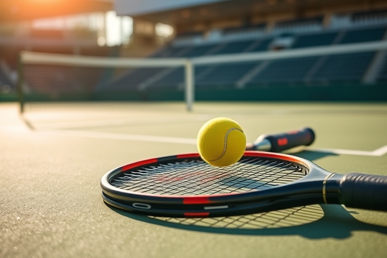 "Professional tennis racket lying abandoned on a vibrant green tennis court, with a yellow ball at its peak, amidst blurred tennis net and stadium stands in the background, sunlight casting dynamic sh