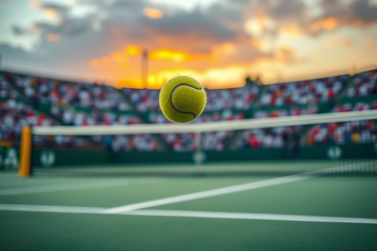 "A tennis court at dusk, a lone tennis ball in mid-air, yellow net and green court in sharp focus, blurred background of a packed stadium, vibrant green and yellow hues with the sun's warm light casti
