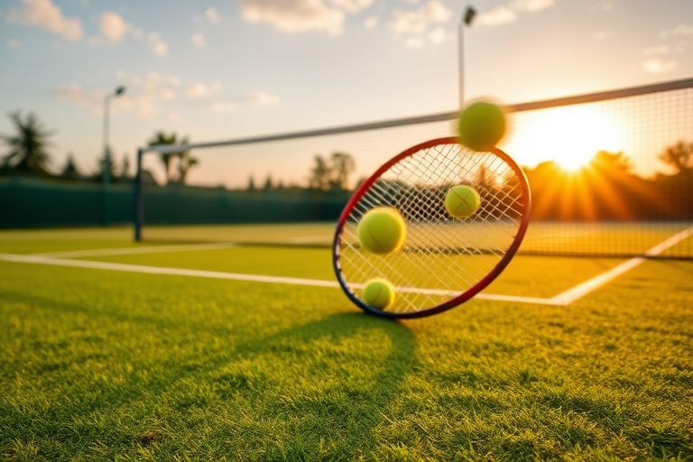 "A tennis court at sunset, vibrant green grass and yellow lines, a lone tennis racket leaning against the net, a burst of sunlit tennis balls in mid-air, blurred motion and dynamic blur effects."
