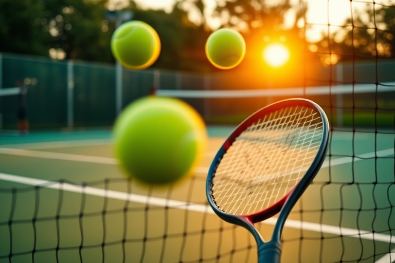 "Vibrant tennis court at sunset, backlit with warm golden light, net in focus, blurred tennis balls flying through the air, and a tennis racket leaning against the net's base, with a dynamic green and