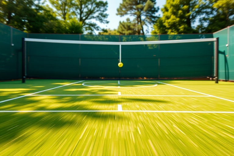 "Tennis court in full sun with a net at center, vibrant green grass and yellow ball bouncing off the ground, blurred motion lines and dynamic angles, court lighting creates a sense of energy and tensi