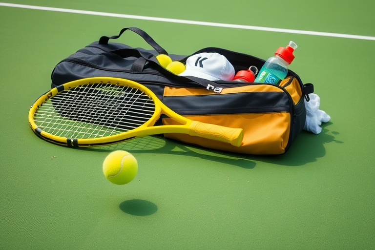 "A tennis ball bounces on a vibrant green tennis court with a yellow tennis racket lying on the sidelines, surrounded by a neatly packed tennis bag with balls, towels, and water bottles scattered arou