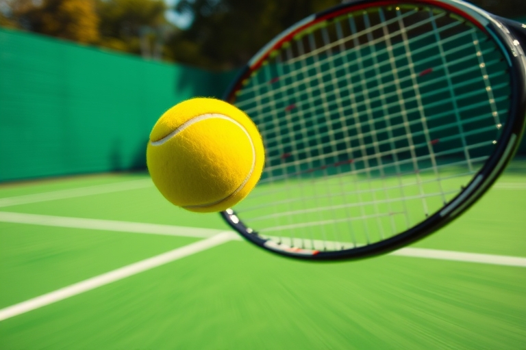 "High-speed tennis ball in mid-air, captured in a vibrant green tennis court with a yellow ball flying towards a racket with advanced strings, blurred motion lines and dynamic lighting."