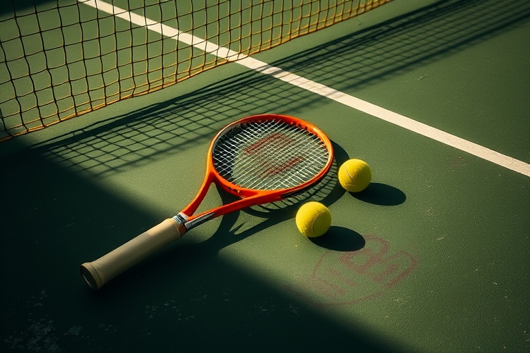 "A tense tennis match setting: a lone tennis racket lies abandoned on a worn green court, surrounded by blurred yellow tennis balls and a vibrant yellow tennis net, with a dramatic shadow cast by the 