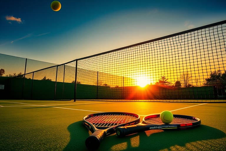 "Tennis court at sunset with vibrant green net, yellow ball flying through the air, racket covers and balls laid out in a dynamic composition with bold shadows and bright colors."