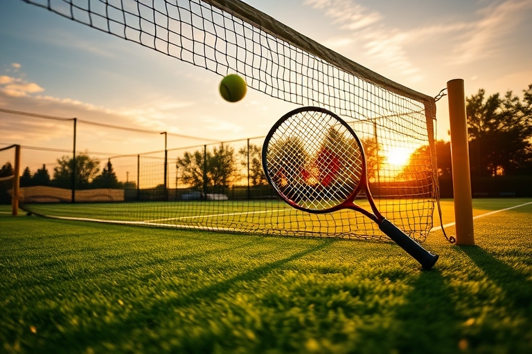 "A tennis court at sunset, vibrant green grass and yellow net, a tennis ball suspended in mid-air, a racket leaning against the net post, blurred motion lines from a previous serve, dynamic shadows, w