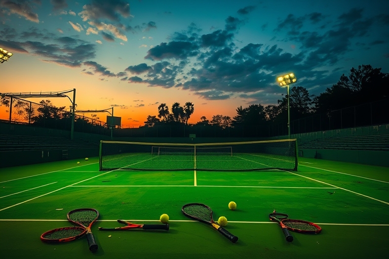 "Tennis court at dusk, abandoned with rackets and balls scattered, net torn, and goal posts bent; vibrant green and yellow hues cast through shattered stadium lights."