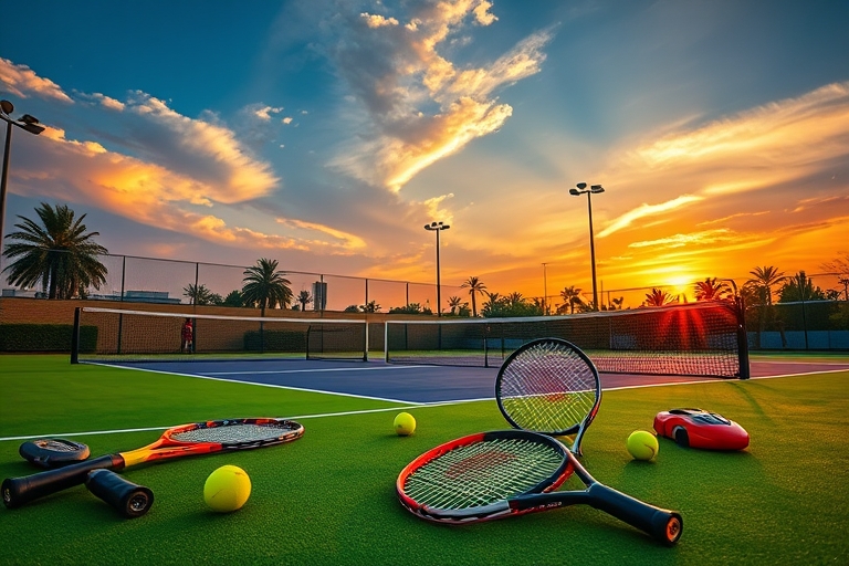 "Tennis courts at sunset in Dubai, with players' tennis rackets and balls strewn about, vibrant green grass and yellow netting, dramatic sky with clouds and warm light, dynamic composition with tennis