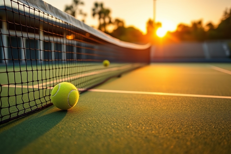 "Tennis court at sunset with a lone tennis ball bouncing on the net, surrounded by vibrant green grass and bright yellow tennis lines, with a blurred background of a locker room and bleachers in warm 