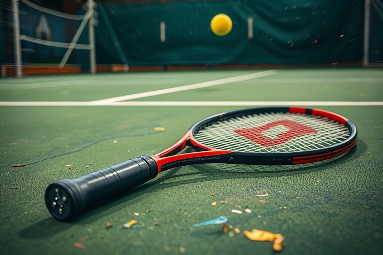 "A tennis racket lies abandoned on a worn, vibrant green tennis court, with a yellow ball bouncing towards the net in the background, surrounded by a blur of action lines and dynamic motion, amidst a 