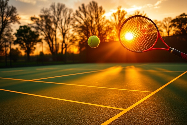 "A tennis court at sunset, vibrant green grass and yellow lines illuminated by warm golden light, a tennis ball soaring through the air, a racket in mid-air, dynamic motion blur, bold shadows and high