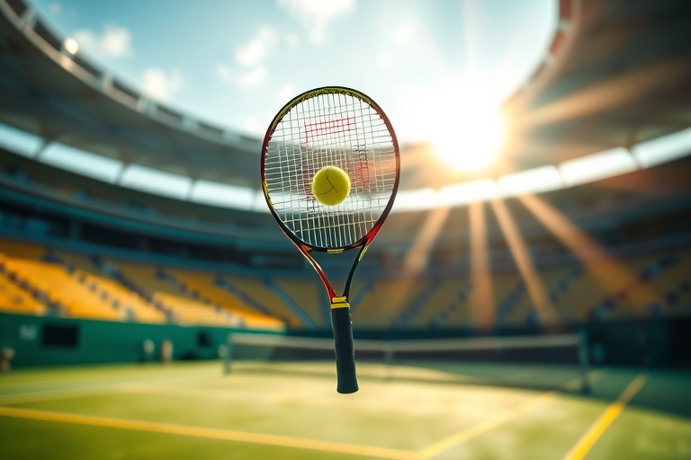 "A tennis racket suspended in mid-air, frozen in motion, above a vibrant green tennis court with yellow lines, blurred background of a stadium with a burst of sunlight illuminating the scene."