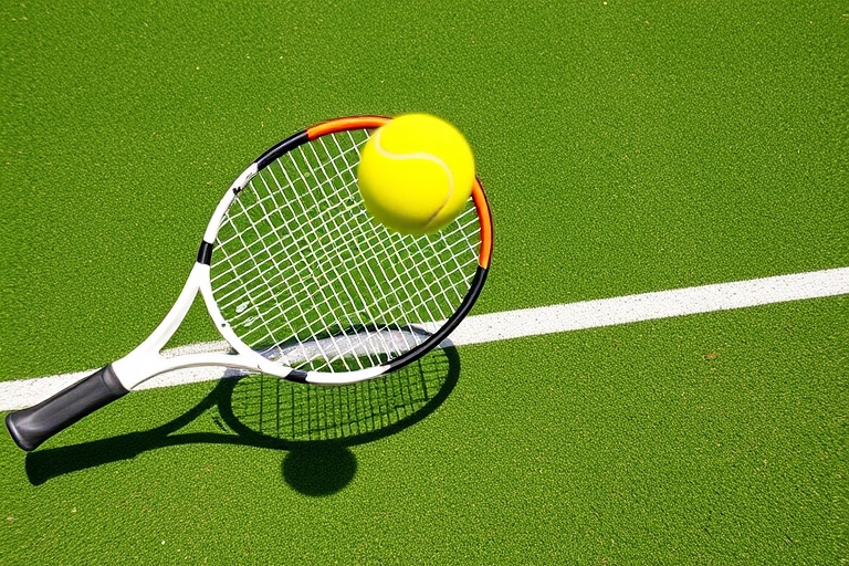 "A dynamic tennis court scene with a rambunctious two-handed backhand shot in mid-air, ball flying towards the top corner of the frame, surrounded by vibrant green grass and bright yellow tennis ball,