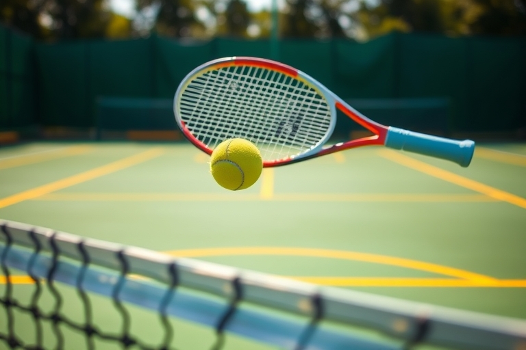 "A tennis ball flying in slow motion, a racket spinning in mid-air, against a vibrant green tennis court backdrop with sunlit yellow lines and a blurred net in the foreground."