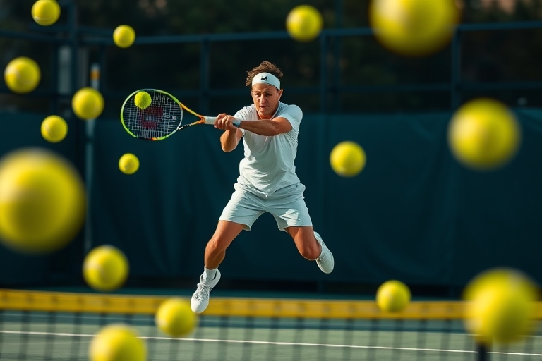 "A tennis player in mid-air, swinging a two-handed backhand with force, surrounded by blurred tennis balls and a blurred court background, with vibrant green and yellow lines and net in the foreground