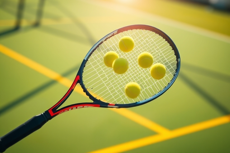 "Tennis racket in mid-swing, blurred background of a sunny tennis court with vibrant green grass and yellow lines, sun shining through a cloud of tennis balls in mid-air."