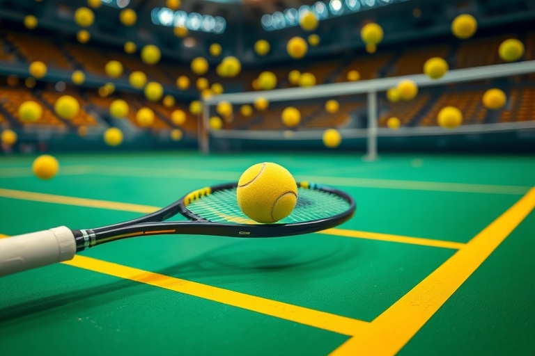"A tennis ball bounces off a racket on a vibrant green court, surrounded by yellow lines and net, with a blurred background of stadium lights and a burst of yellow tennis balls in mid-air."