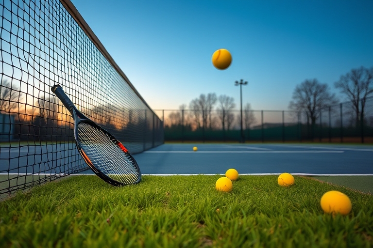 "A deserted tennis court at dusk, with a lone tennis racket leaning against the net, surrounded by vibrant green grass and bright yellow tennis balls scattered about, a blurred tennis ball in mid-air,